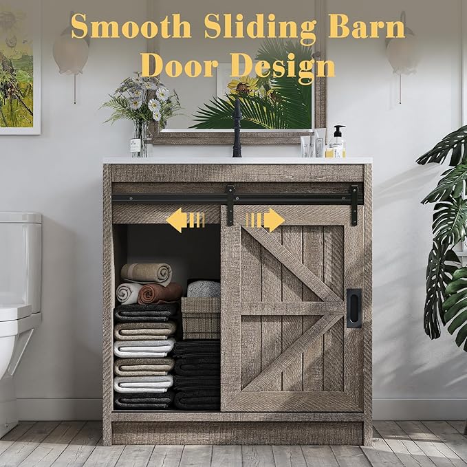 31" Farmhouse Sliding Barn Door Bathroom Vanity with Sink Combo, Bathroom Vanity Cabinet with Drawers & Metal Handles, Freestanding, Gray
