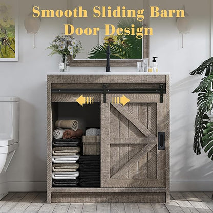 31" Farmhouse Sliding Barn Door Bathroom Vanity with Sink Combo, Bathroom Vanity Cabinet with Drawers & Metal Handles, Freestanding, Gray