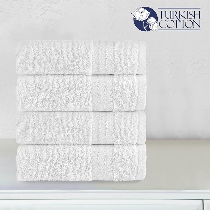 Elegant Comfort Premium Turkish Cotton 4 Pack Hand Towel Set - 16 x 28 inch, Luxurious Hotel Spa Quality 100% Turkish Cotton 4PC Hand Towel Set - Highly Absorbent - Soft Bathroom Towels, White
