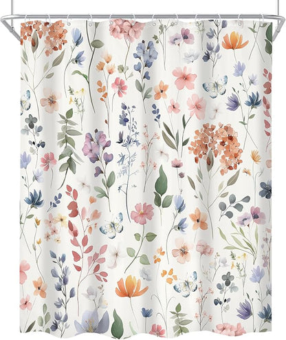 Colorful Boho Flower Girly Wildflower Floral Bathroom Shower Curtain Set | 60"W x 72"H Plants Botanical; waterproof HD print, quick-dry fabric and plastic hooks for easy setup.