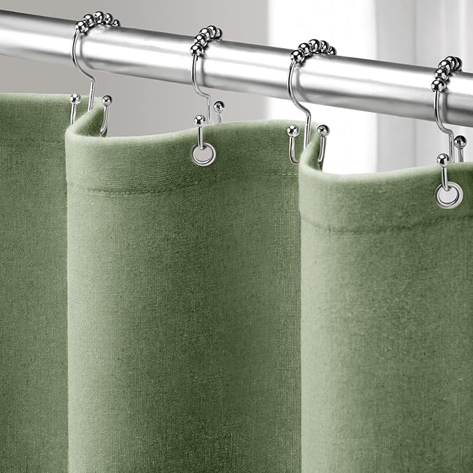 Linen Shower Curtain Green, Fabric Boho Farmhouse Shower Curtains for Bathroom Cotton Natural Cloth Liner Set 72" W x 78" L