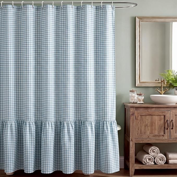 HunnmingRe Ruffle Hem Gingham Shower Curtain Dust Blue | 72'' x 72'' Vintage Farmhouse Curtain, Cotton Cottage Core Rural Checkered Plaid Decor, Fall Shower Curtain for Bathroom