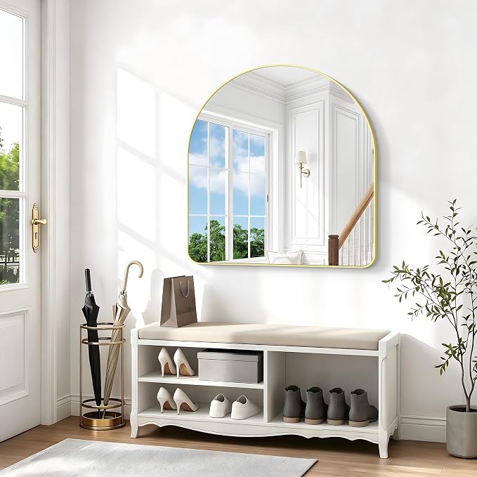 BONEWEI Arched Wall Mirror,42x42 inch Gold Arched Mirror Bathroom,Large Vanity Mirror for Over Sink Metal Frame,Tempered Glass Arch Mirrors for Bedroom,Entryway,Living Room,Home Decor Shatter-Proof