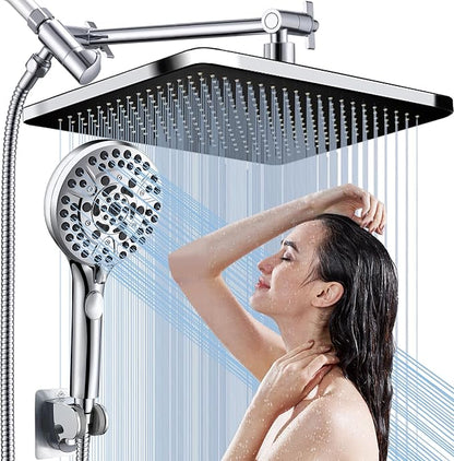 Rainfall Shower Head with Handheld, 14 Inch Rain Shower Head Combo,High Pressure Fixed Showerhead and 10 Spray Settings Handheld Shower Heads,Bathroom Accessories,Chrome
