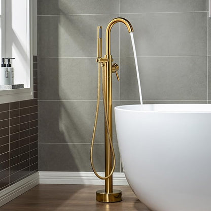 WOODBRIDGE Contemporary Single Handle Floor Mount Freestanding Tub Filler Faucet with Hand shower in Brushed Gold Finish, F0007BGRD