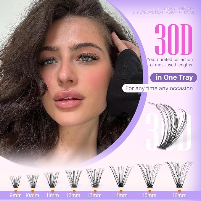 Lash Clusters 200pcs Individual Lashes 30D Cluster Eyelash Extensions 11-16mm Eyelash Clusters Lash Extensions for Self Application (30D, 0.07D, 11-16mm Refill)