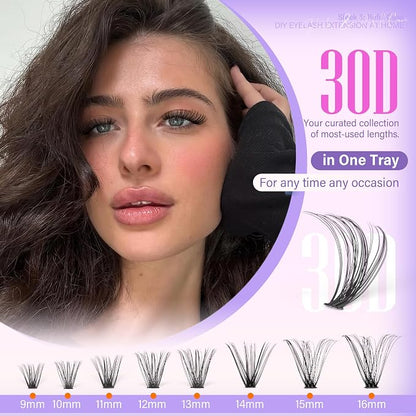 Lash Clusters 200pcs Individual Lashes 30D Cluster Eyelash Extensions 11-16mm Eyelash Clusters Lash Extensions for Self Application (30D, 0.07D, 11-16mm Refill)