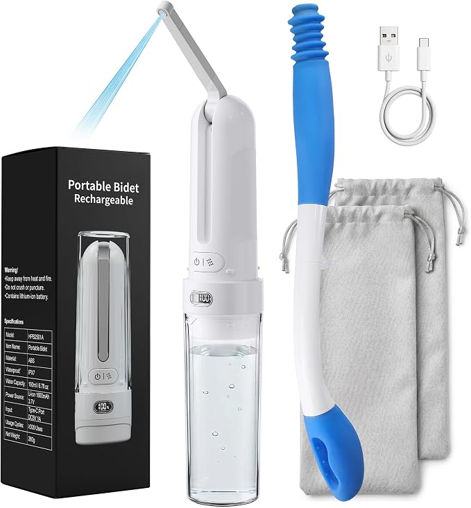 Electric Portable Bidet Toilet Aids Wiper Tool Set, White | 2-in-1 travel hygiene kit 15.7" extended length wiping tools 1600mAh Long-lasting Battery USB-C Rechargable IPX7 Waterproof