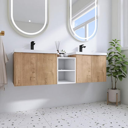 60 Inch Floating Vanity, 60" Bathroom Vanity with Sink, Double Sink Wall Mounted Vanity Combo, Modern Brown Bathroom Vanity Set with 4 Doors and White Basin Sink