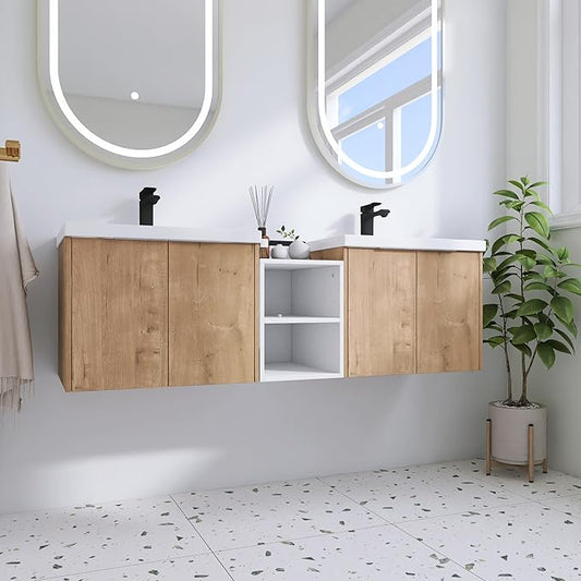 60 Inch Floating Vanity, 60" Bathroom Vanity with Sink, Double Sink Wall Mounted Vanity Combo, Modern Brown Bathroom Vanity Set with 4 Doors and White Basin Sink