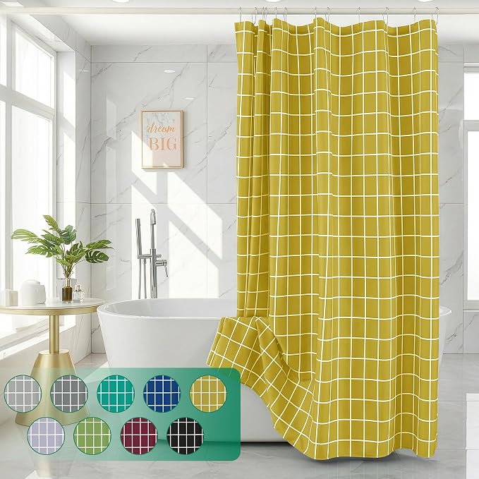Gold Shower Curtains for Bathroom-Fabric Modern Farmhouse Shower Curtain | 70"Wx72"L Faux Linen Grid Minimalist Simple Rustic Neutral Guest Bathroom Decor-Cloth Geometric Plaid Washable Hotel Quality