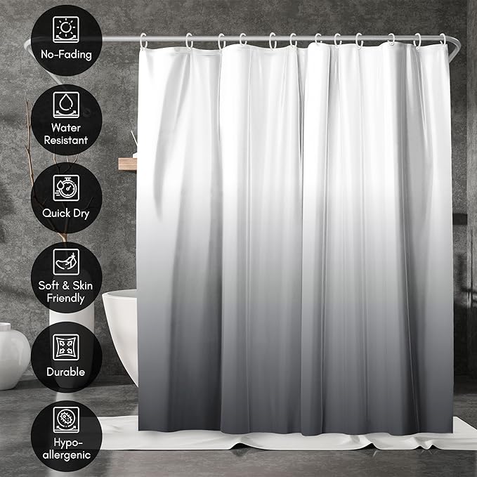 Americanflat 71x74 Grey Ombre Shower Curtain - Water-Resistant Long Shower Curtain with Durable Grommets and 12 Hooks - 100% Polyester