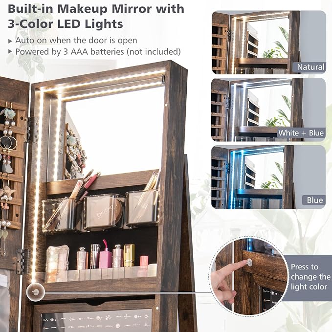Byroce 360° Rotating Jewelry Armoire with Full Length Mirror, Lockable Jewelry Cabinet with 3-Color LED Lights, Rear Storage Shelves & Inside Makeup Mirror, Standing Jewelry Organizer (Rustic Brown)
