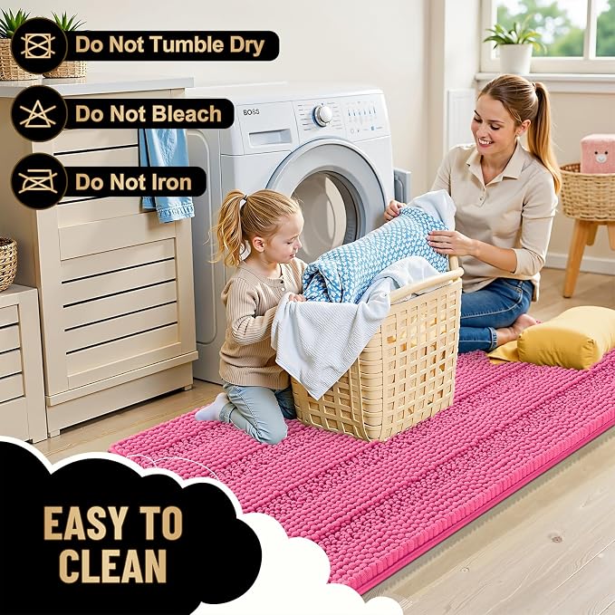 OLANLY Thick Bathroom Rugs 30x20, Soft Chenille Striped Bath Rugs, Hot Pink | Rubber Backing, Machine Wash, Extra Absorbent Bath Mats for Bathroom Floor, Tub and Shower, Home Decor Accessories