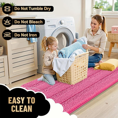 OLANLY Thick Small Bathroom Rugs 24x16, Soft Chenille Bath Rugs, Hot Pink | Rubber Backing, Machine Wash, Extra Absorbent Striped Bath Mats for Bathroom Floor, Tub and Shower, Home Decor Accessories