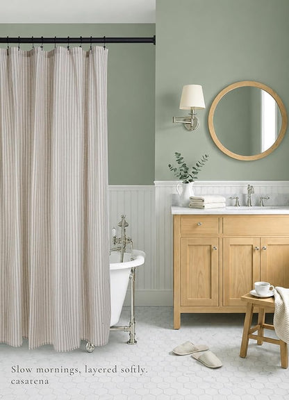 Farmhouse Striped Shower Curtain - Extra Long 72x84 Inches, Linen Blend Fabric, Breathable & Machine Washable, Rustic Sage for Bathroom Decor (Hooks/Liner Not Included)