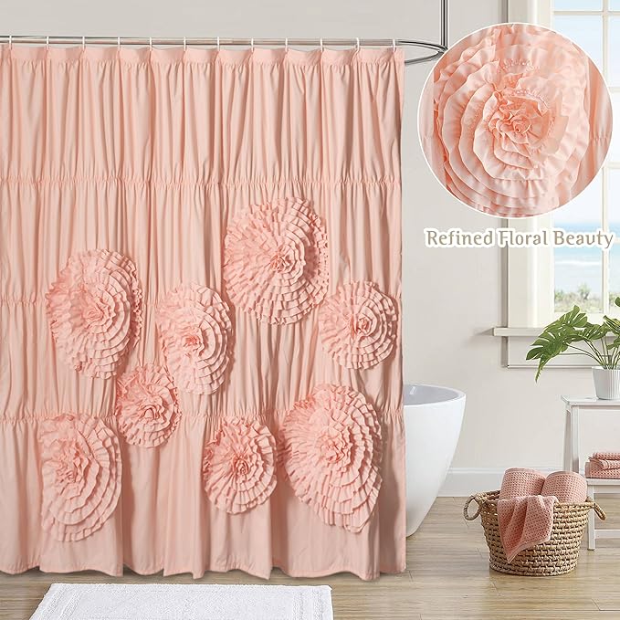 Farmhouse Ruffle Shower Curtain with Handmade 3D Flowers, Vintage Fabric Shower Curtains for Bathroom, Decorative Luxury Bathroom Curtain with 12 Holes, Peach Pink, 72" x 72" (LQ-41)