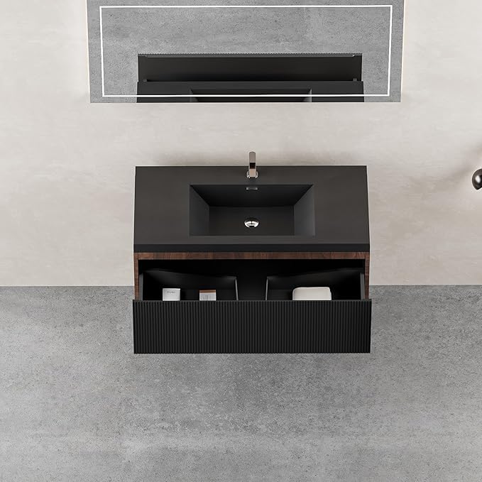 36'' Floating Bathroom Vanity with Sink Combo, Modern Wall-Mounted Striped Bathroom Storage Cabinet with Soft-Close Drawers and Black Quartz Sand Basin, No Assembly Required