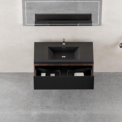36'' Floating Bathroom Vanity with Sink Combo, Modern Wall-Mounted Striped Bathroom Storage Cabinet with Soft-Close Drawers and Black Quartz Sand Basin, No Assembly Required