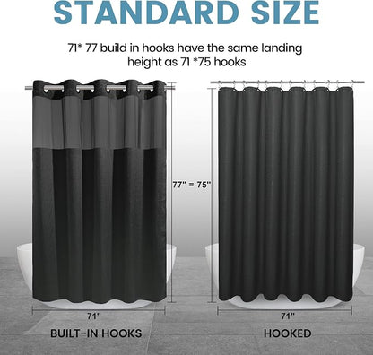EUTXL Heavyweight Long No Hook Shower Curtain with Snap in Liner,256GSM Waffle Weave Shower Curtains for Bathroom,71W x 77H(75"),Black