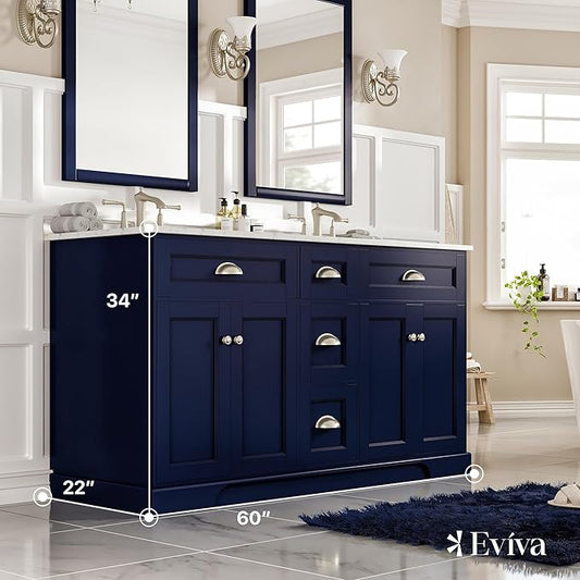Eviva Epic Blue 60 inch Bathroom Vanity with Sink - Porcelain Round-Bathroom Vanity Double Sink-Solid Wood 60" Vanity Bathroom Sink- Double Vanity Sink Cabinet