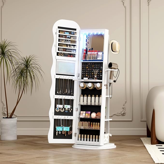 Vlsrka 360° Swivel Jewelry Armoire with Full Length Wave Mirror, White | Lockable Mirror Jewelry Cabinet Standing, Interior LED Makeup Mirror, Foldable Shelf, Large Capacity, Gift for Women, Girls