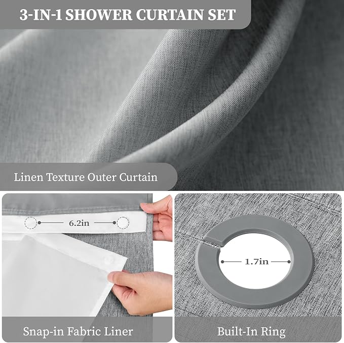 72x87 Ringless Linen Textured Shower Curtain with Snap in Liner, Grey | Extra Long Size, 3 in 1 Durable Fabric Shower Curtain, Removable Liner, Waterproof & Washable, Mesh Top Window, Easy Setup