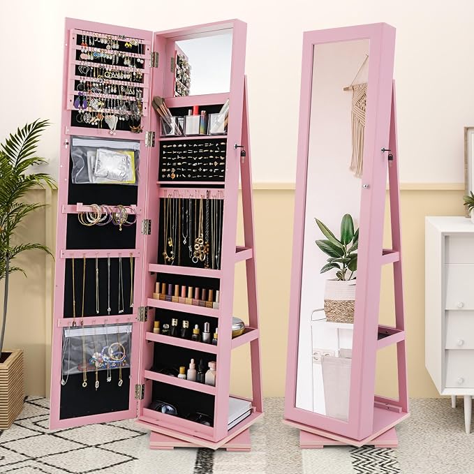 GOFLAME 360° Rotating Jewelry Armoire, Lockable Jewelry Cabinet with Full-Length Mirror & Inner Makeup Mirror, Standing Jewelry Storage Organizer with Rear Storage Shelves, Pink
