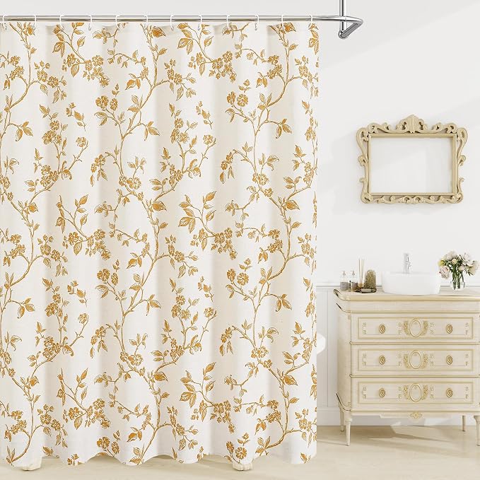 MitoVilla Extra Long Shower Curtain Set 72 x 84, Cotton Floral Cottagecore Spring Shower Curtains for Bathroom, Modern Farmhouse Country Plant Leaves Bathroom Décor