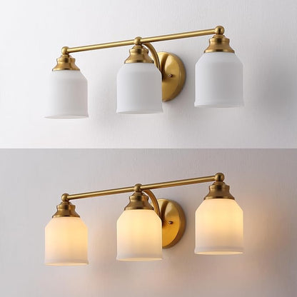 JONATHAN Y 24" Brass Gold/White Modern Farmhouse LED Vanity Light Wall Sconce Fixture, Frosted White Glass Shade, Dimmable Wall Lamp for Bathroom Mirror Kitchen Sink, UL Listed (JYL7551B)