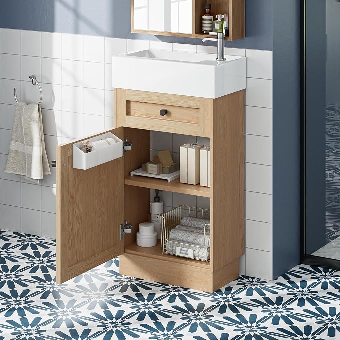 Merax Modern Rustic 18.5'' Bathroom Vanity with Resin Sink, Solid Wood Bathroom Storage Cabinet with Adjustable Shelf & Reversible Door for Small Spaces, Natural