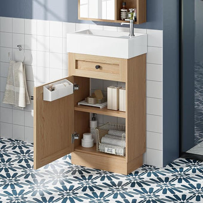 Merax Modern Rustic 18.5'' Bathroom Vanity with Resin Sink, Solid Wood Bathroom Storage Cabinet with Adjustable Shelf & Reversible Door for Small Spaces, Natural