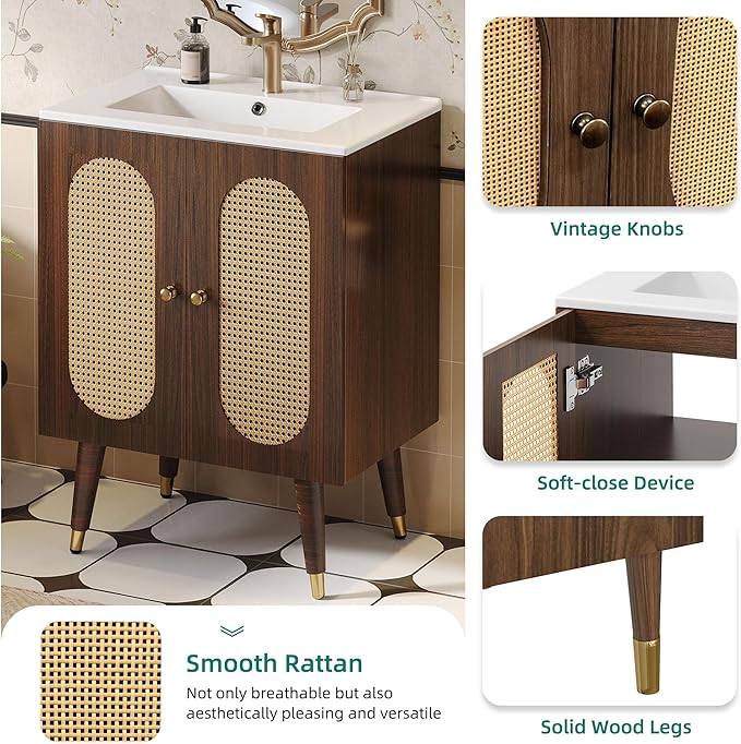 DWVO 24 Inch Rattan Vanity with Sink, Small Freestanding Bathroom Vanity Cabinet, Boho Style with 2 Large Soft-Closing Doors & Four-Sided Water Barrier Strip, Walnut