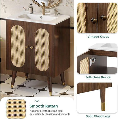 DWVO 24 Inch Rattan Vanity with Sink, Small Freestanding Bathroom Vanity Cabinet, Boho Style with 2 Large Soft-Closing Doors & Four-Sided Water Barrier Strip, Walnut