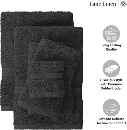 LANE LINEN Large Bath Towel Set Absorbent Quick Dry 100% Cotton - Black | Cotton Towels - Fade-Resistant Color, Classic Terry Weave, Densely Woven, Coordinated Colors, Everyday Durability