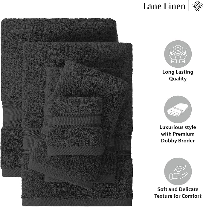 LANE LINEN Luxury Towels Set - 3 Piece Set, 100% Cotton Bathroom Towels, Zero Twist, Quick Dry Shower Towels, Absorbent Bath Towel, Super Soft, 1 Bath Towel, 1 Hand Towel, 1 Wash Cloths - Black | Towel Pack - Terry Weave Comfort, Long-Lasting Comfort, ...