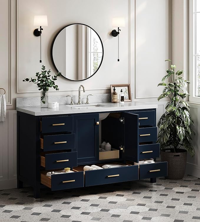 ARIEL Cambridge 60-inch Bathroom Vanity with Sink,Solid Wood, 1.5-inch Italian Carrara Marble Countertop, Single Rectangular Porcelain Sink, 2 Soft Closing Doors, 9 Dovetail Drawers, Midnight Blue