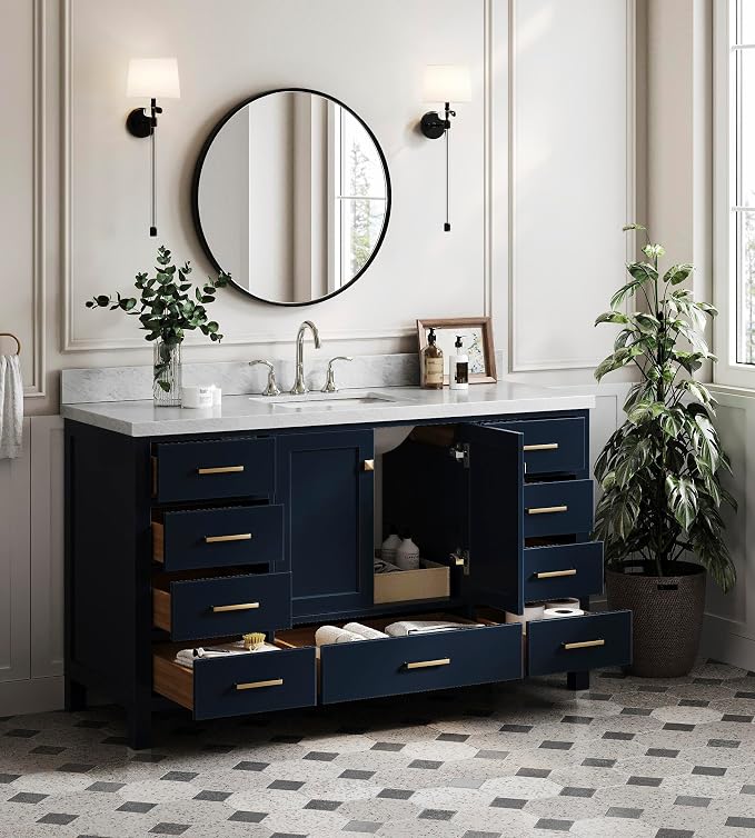 ARIEL Cambridge 60-inch Bathroom Vanity with Sink,Solid Wood, 1.5-inch Italian Carrara Marble Countertop, Single Rectangular Porcelain Sink, 2 Soft Closing Doors, 9 Dovetail Drawers, Midnight Blue