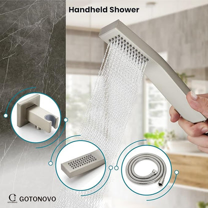 gotonovo Bathtub Shower Faucet Set, 12 Inch Shower Head, Brushed Nickel | Wall Mounted Shower System with Tub Spout for Bathroom, Square High Pressure Rain Shower head with Handheld Spray, All Metal