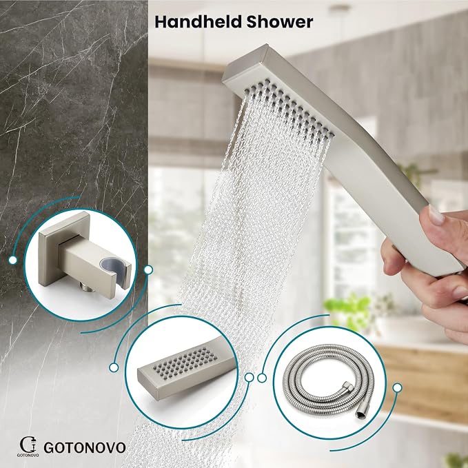 gotonovo Bathtub Shower Faucet Set, 10 Inch Shower Head, Brushed Nickel | Wall Mounted Shower System with Tub Spout for Bathroom, Square High Pressure Rain Shower head with Handheld Spray, All Metal