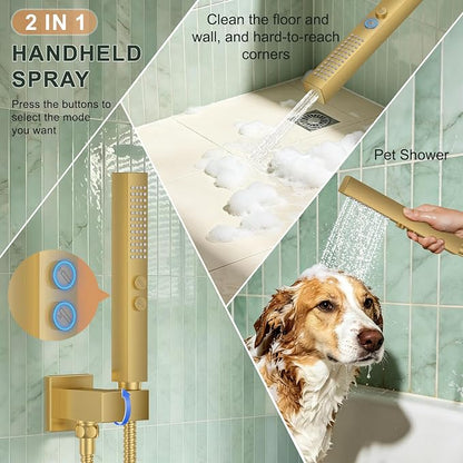 Rain Shower System with Rough-in Valve, Wall Mount Shower Faucet Set with 12" & 6" Dual Rain Shower Heads, 2-in-1 Handheld Shower, Tub Spout, 4-Function Complete Shower Fixture, Brushed Gold