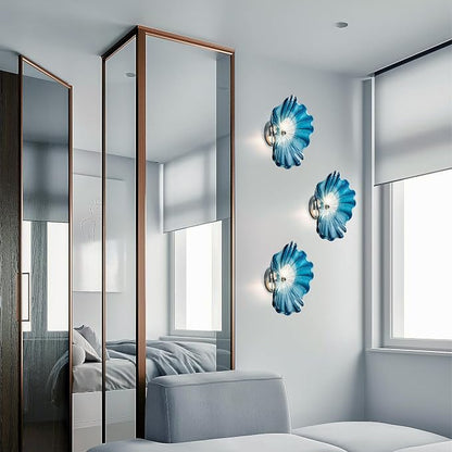 Blue Glass Wall Light Dia 12" Wall Lamp with Murano Glass Shade Vintage Vanity Lighting Fixture with Metal Base Flush Mount Wall Sconce 2-Light for Bathroom, Bedroom, Bedside, Entryway