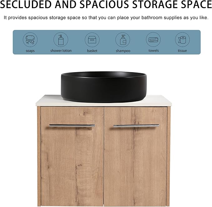 24" Floating Vanity with Sink, 24 Inch Bathroom Vanity with Sink, Modern Plywood Floating Cabinet with Sintered Stone Countertop and Black Ceramic Basin, Soft Close Doors