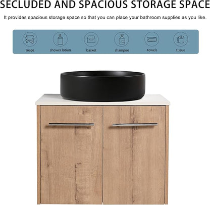 24" Floating Vanity with Sink, 24 Inch Bathroom Vanity with Sink, Modern Plywood Floating Cabinet with Sintered Stone Countertop and Black Ceramic Basin, Soft Close Doors