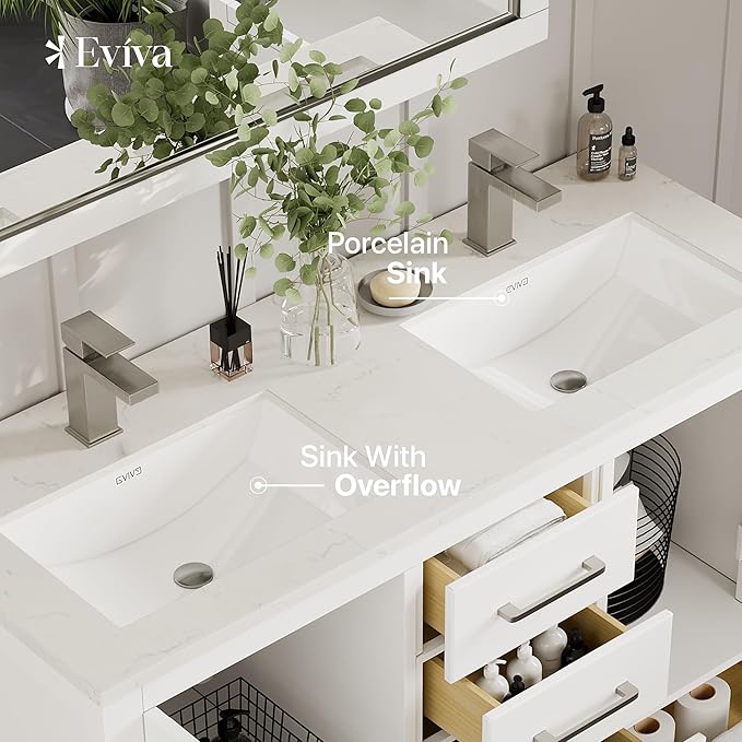 Eviva London 54 in. White Double Sink Bath Vanity with Carrara Quartz Top and Undermount Porcelain Sinks