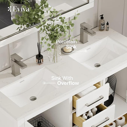 Eviva London 54 in. White Double Sink Bath Vanity with Carrara Quartz Top and Undermount Porcelain Sinks