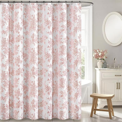 Spring Pink Floral Shower Curtain W72*L72 Inches Long | Linen Textured Fabric, 12 Rustproof Metal Hooks, Wrinkle Resistant Cloth, Machine Washable, Bathroom Decor for Cottage Core
