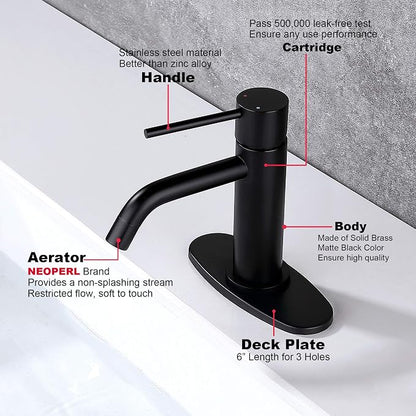 Matte Black Bathroom Faucet Single Hole, JXMMP Single Handle Bathroom Sink Faucets with Pop Up Drain and 6 inch Deck Plate and cUPC Water Supply Hose