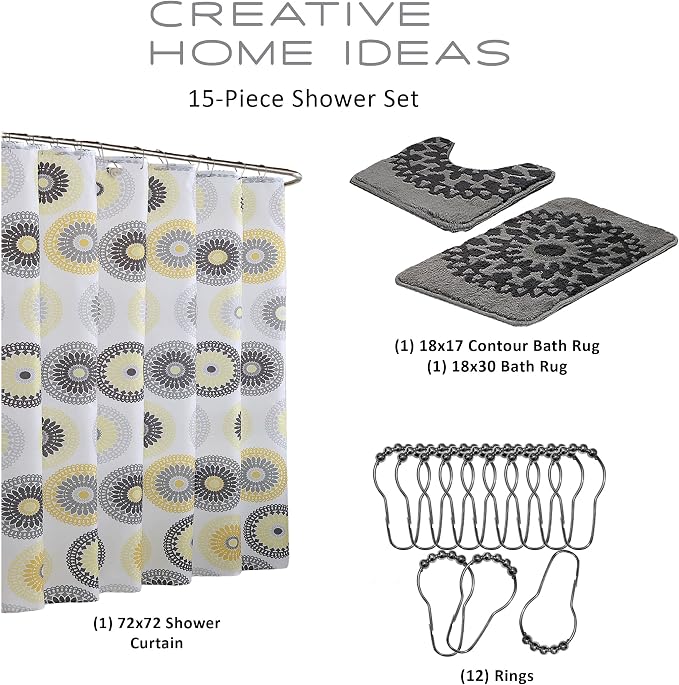 15-Piece Bathroom Shower Curtain Set – Set of 1 Shower Curtain & 12 Metal Hooks & 1 Bath Mat & 1 Contour Mat, Modern Bathroom Décor, Machine Washable, Raquel Gold