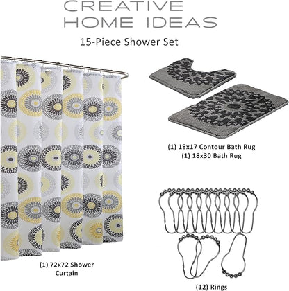15-Piece Bathroom Shower Curtain Set – Set of 1 Shower Curtain & 12 Metal Hooks & 1 Bath Mat & 1 Contour Mat, Modern Bathroom Décor, Machine Washable, Raquel Gold